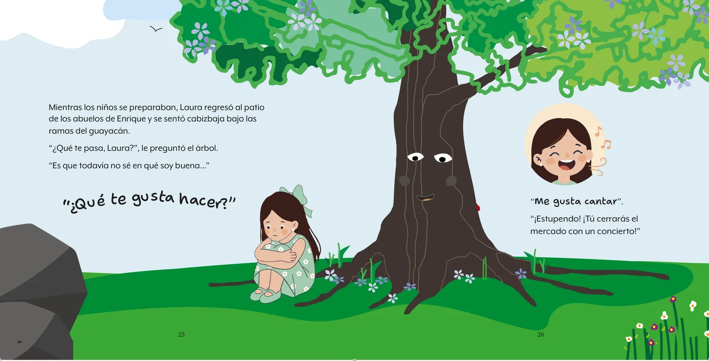 Página interior: Laura conversa con el árbol de guayacán, que le pregunta qué le gusta hacer