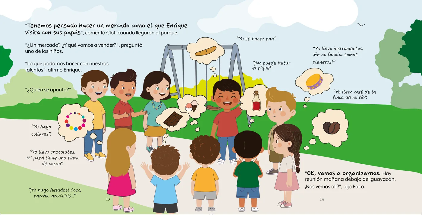 Los niños en el parque imaginan qué vender en el mercado: pan, helados, collares y chocolate